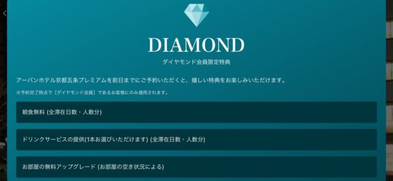 アーバンホテル京都五条プレミアムの一休ダイヤモンド特典
